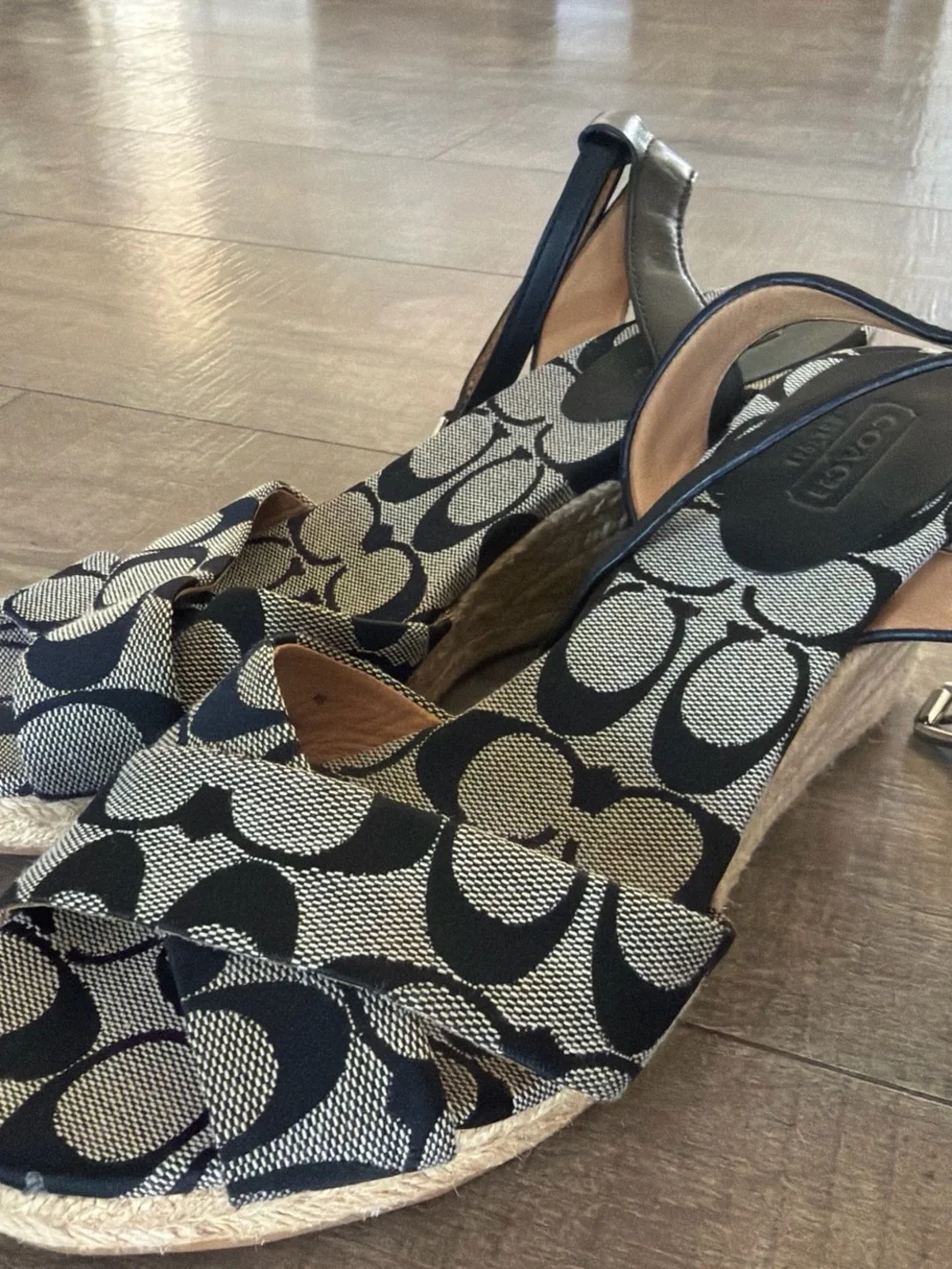 Coach Black & Cream Signature Espadrille Wedge Sandals